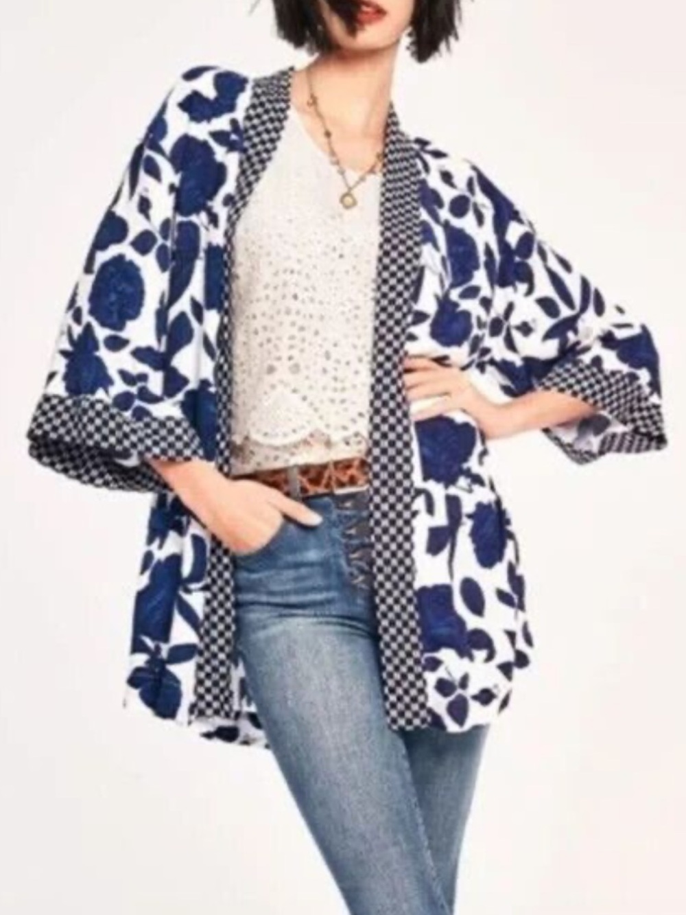 Cabi Botanical Kimono Cardigan Floral Open Front Blue White 5661 Medium Large